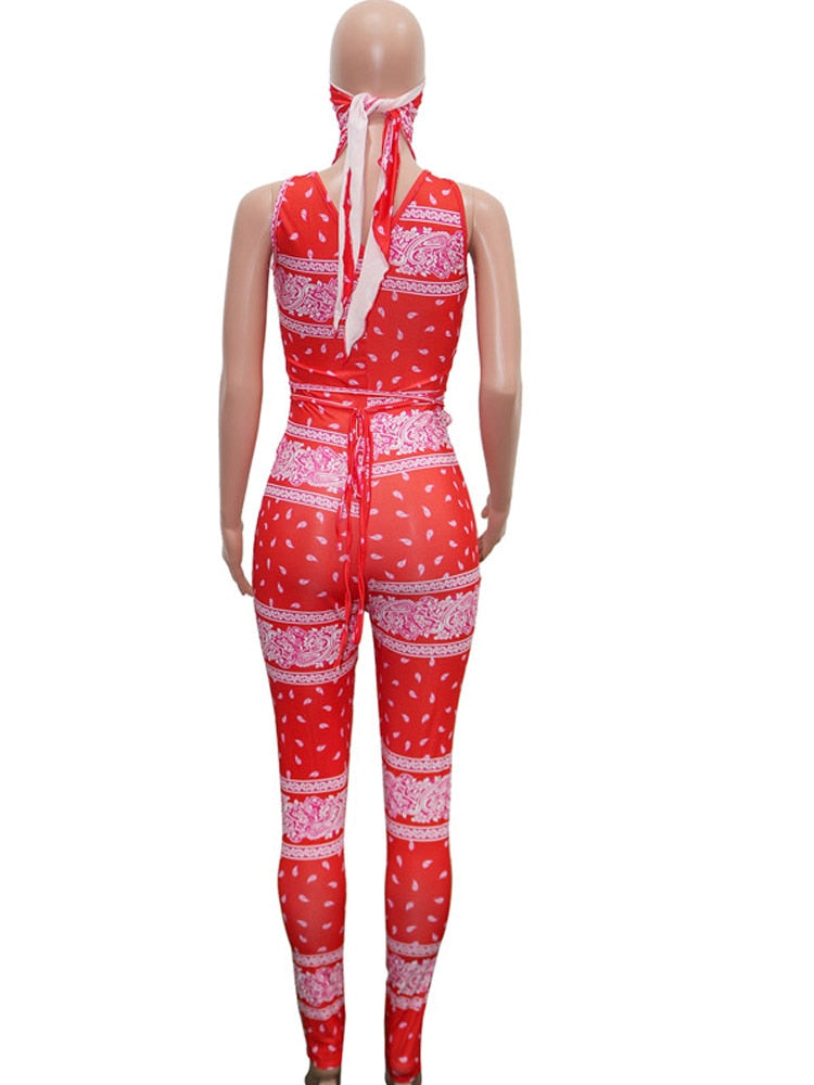Vintage Hollow Out Printed Laced Jumpsuit With Scarf