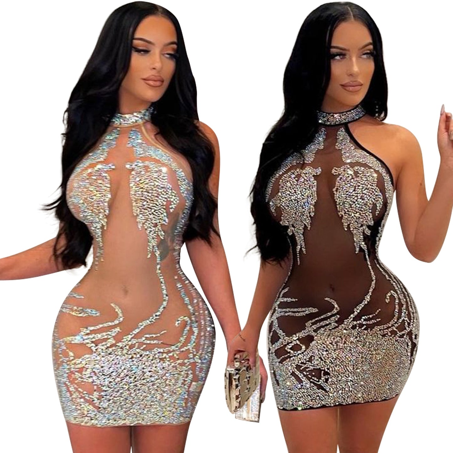 Sexy Hang A Neck Mesh Hot Drilling Perspective Nightclub Party Elegant Dresses