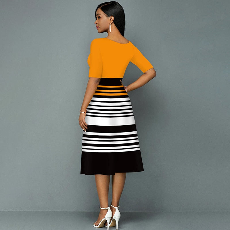 O-Neck 3D Stripe Printing Half Sleeve Office Lady Elegant Dresses