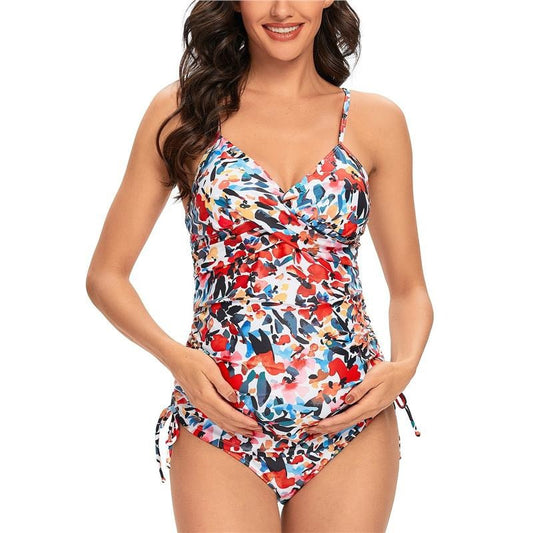 Maternity Sexy Two Piece Pregnancy V Neck Wrap Front Tankini  Swimsuit
