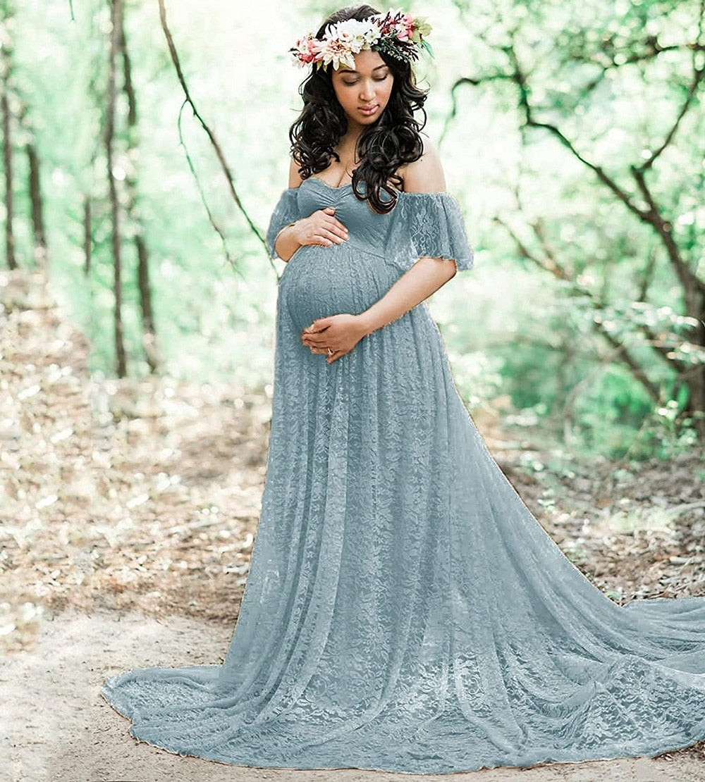 Maternity Photography Props Floral Lace Fancy Pregnancy Off Shoulder Ruffle Gown