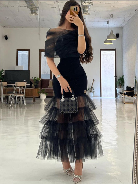 2023 New Tull Black Long Formal Evening Party Dresses