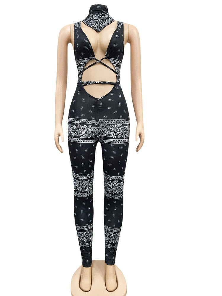 Vintage Hollow Out Printed Laced Jumpsuit With Scarf
