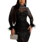 Mesh Rhinestone Sequin Feather See Through Night Club Diamond Dress