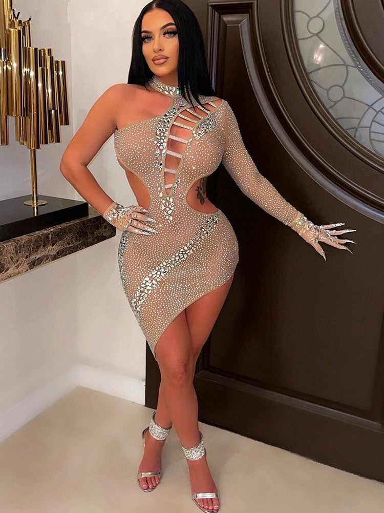 Beautiful Ladder Cut-Out Nude Crystal Dress