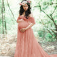 Maternity Photography Props Floral Lace Fancy Pregnancy Off Shoulder Ruffle Gown