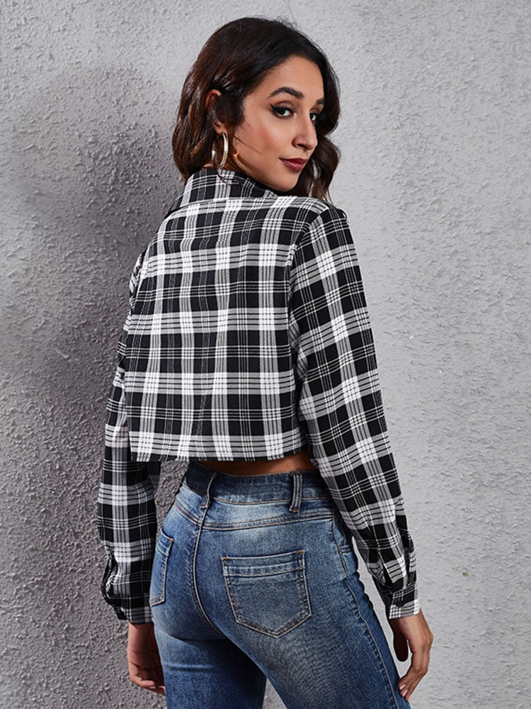 Spring Summer Plaid Cropped Blouse