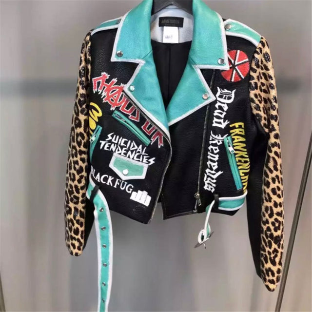 Spring Autumn New Short Leopard Printing PU Leather Jacket