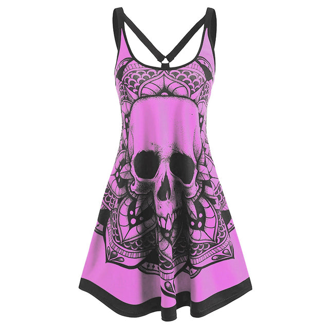 Summer Goth Plus Size Skull Print Sleeveless Mini Dress