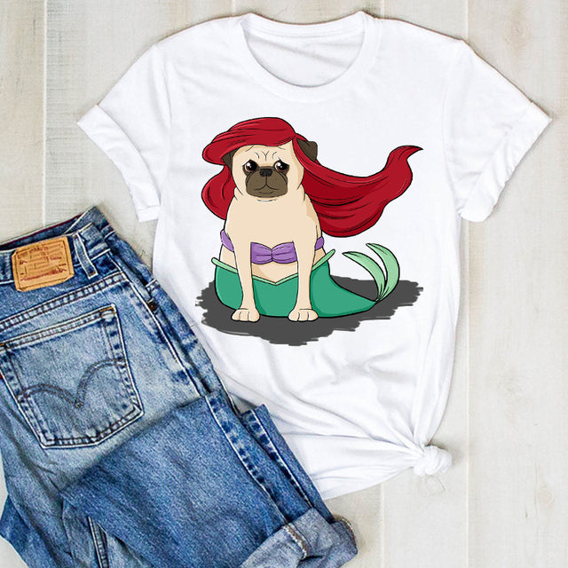 Dog Pet Pug Coffee Plus Size Cartoon Ladies Graphic T-Shirt