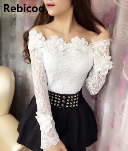 Embroidered 3D Flowers Long-Sleeved Lace Shirt