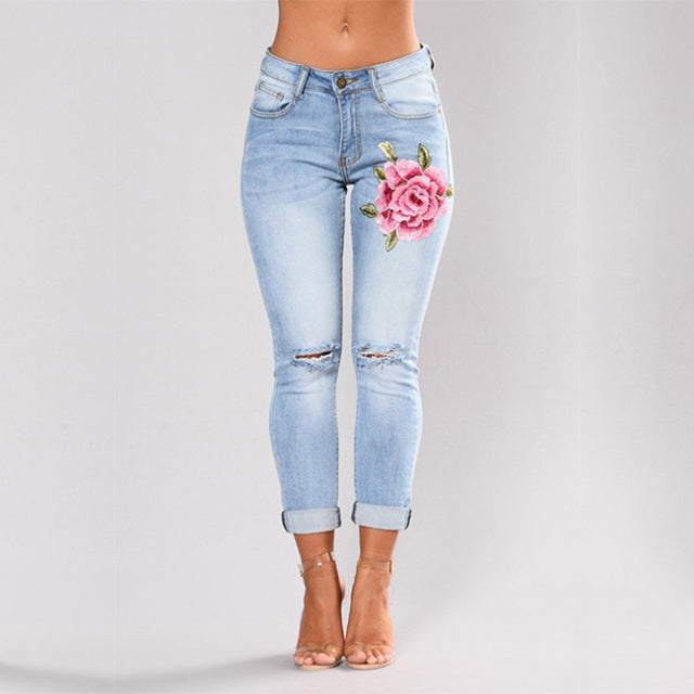 Stretch Embroidered Elastic Flower Jeans