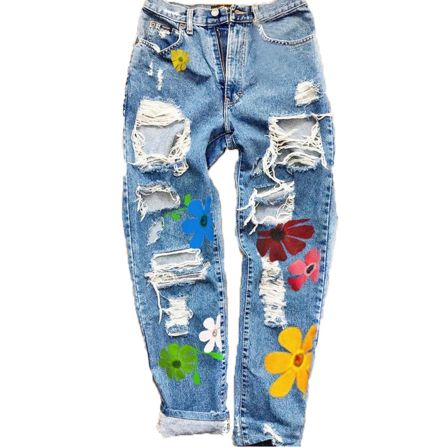High Waist Floral Print Ripped Jeans
