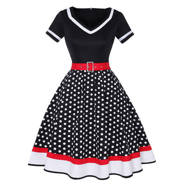 60s Plus Size Women Vintage Dress Belt Polka Dot Print