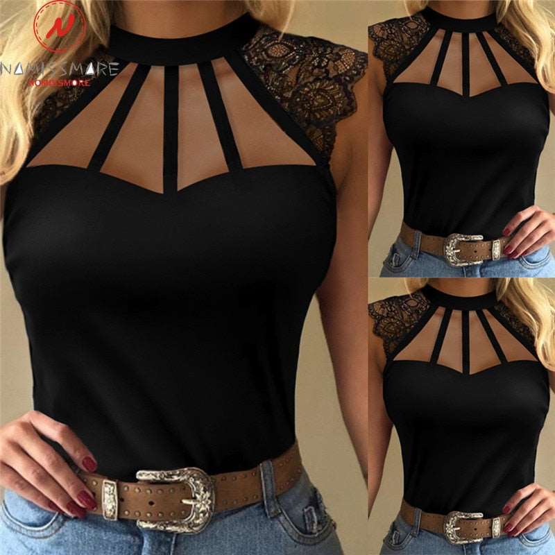 Hollow Out Design Lace Decor See-Through Top