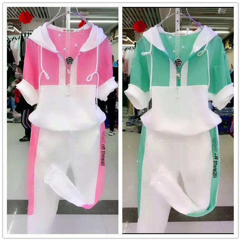 Two Piece Summer New Slim Fashion Short Sleeve Hooded Sweater Set