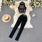Two Piece Sets Beaded Chic Cropped Tops And High Waist Slim Long Pants