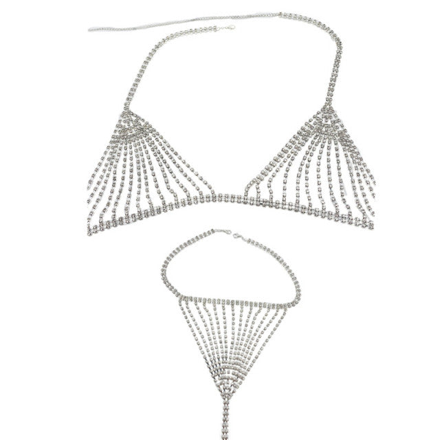 Sexy Body Jewelery Chain Bikini Crystal  Lingerie Bra & Thong