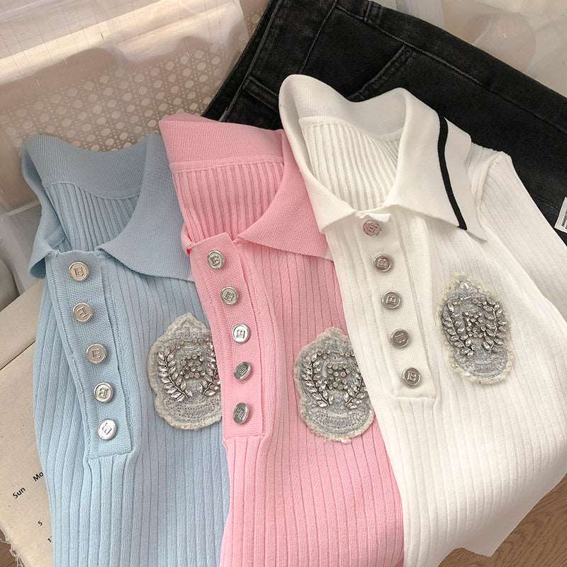 High Quality Preppy Color Matching Short Sleeved Ice Silk Knitted Polo Shirt Top