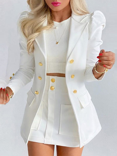 New Lady Office Solid Color Puff Sleeve Suit + High Waist Button Skirt