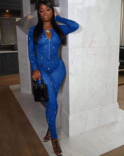 Sexy See Through Mesh Print Front Zipper Jumpsuit