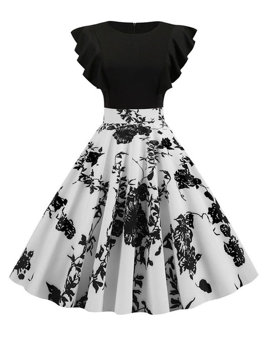 Black White Patchwork Floral Print Summer Dress