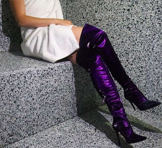 Latex Patent Leather Thigh High Heel Boot