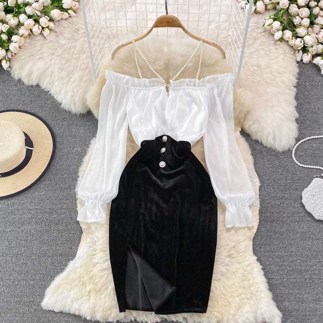 Fashion Black White Patchwork  Two Piece Dress