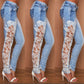 Stretch Lace Floral Side Spliced Denim Trousers